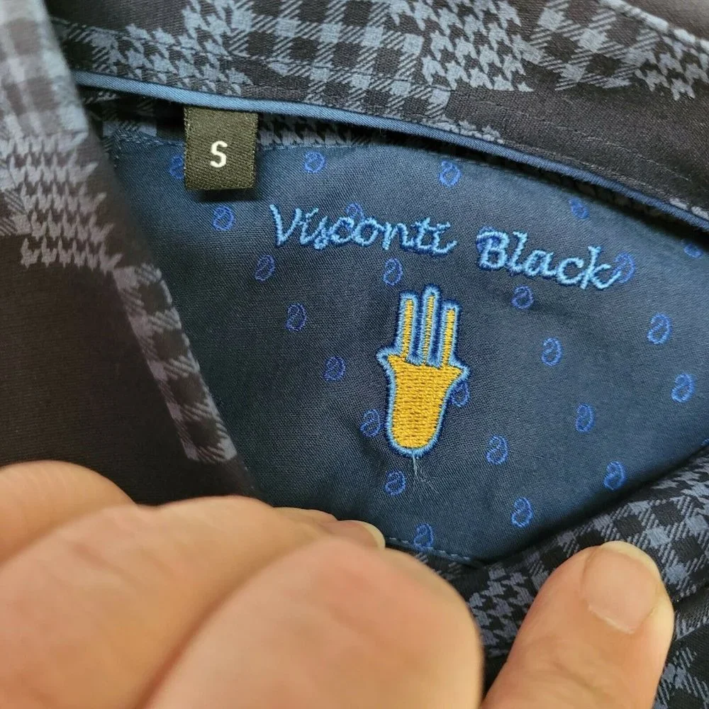Visconti Black Shirt Men's Sz Small Navy Blue Houndstooth Camouflage Shapes NWT - Picture 8 of 11